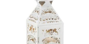 White Metal Etched Candle Lantern