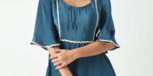 Azure Blue Bell Sleeves Ladies Short Dress