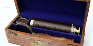 Vintage Style Brass Telescope Compass and Magnifying Set in Wooden Case