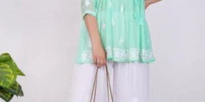 Sea Green Georgette Chikankari Short Kurti