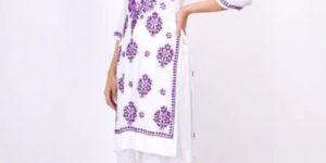 White Purple Thread Modal Cotton Chikankari Kurti