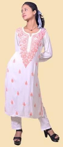 White Red Thread Rayon Cotton Chikankari Kurta