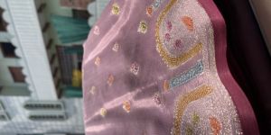 Temple Border Pure Crepe Chiffon Hand Brush Painted Handloom Saree