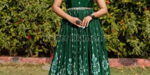 Ladies Full Stitched Green Flared Printed Gown