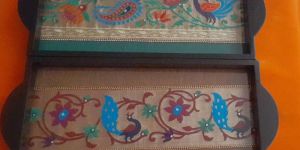 Wooden Paithani Rectangular Tray Set