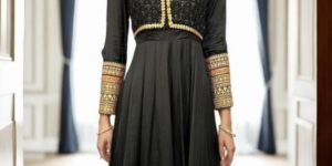 Silk Black Plain Anarkali with Golden Zari Border for Rental