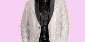 Timeless Elegance White Sequin Blazer with Black Satin Lapel for Rental