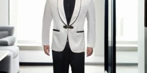 White Blazer with Shawl Collar and Black Satin Accents for Rental