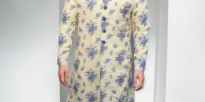 White Sherwani with Blue Flower Print for Rental