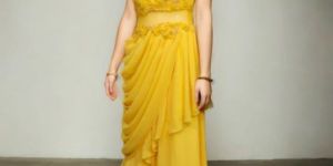 Yellow Gown with Georgette Pleated Front for Rental