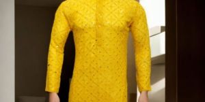 Yellow Standing Collar Kurta with Mirror Embellishments for Rental