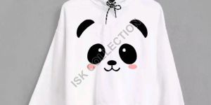 Panda Face Printed White Crop Hoodie
