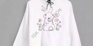 Rabbit and Flower Printed White Crop Hoodie