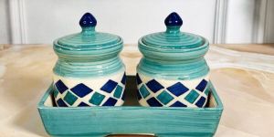 Turquoise Checkered Pickle Jar Set with Tray