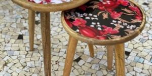 Wooden Floral Hand Crafted Side Table Set