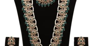 Traditional Mehndi Plated Reverse AD Pearl Studded Long Necklaces Set
