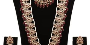 Traditional Mehndi plated Reverse AD Pearl Studded Long Necklaces Set.