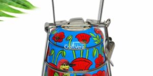 Kashmiri Art - Hand Painted Enamelware - Three Tier Tiffin - Birds, Floral