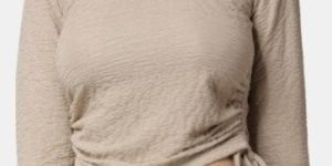 Solid Self Design Crush String Full Sleeve Crop Top