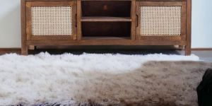 TV Stand with Natural Cane Work TV Unit for Living Room Mango Wood (Brown)