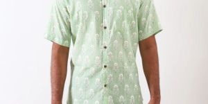 Mens Light Green Printed Cotton Shirt