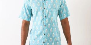 Mens Sky Blue Floral Cotton Shirt