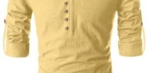 Mens Yellow Plain Cotton Kurta Shirt