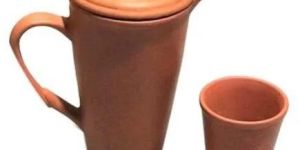 Brown Clay Jug And Glass Set