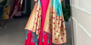 Jacquard Silk Gown with Net Dupatta