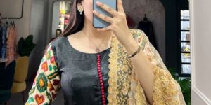 Printed Dola Silk Gown with Net Dupatta