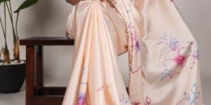 Printed Satin Silk Saree with Pearl Lace Border