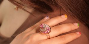 Pink and White Enamel Diamond Ring