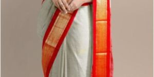 Grey & Red Cotton Silk Saree
