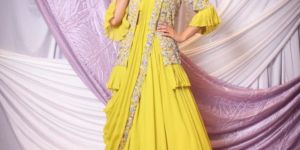 Zardosi Thread Work Draped Jacket Skirt Set