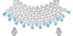 White Rhodium Plated Aquamarine Choker Necklace Set