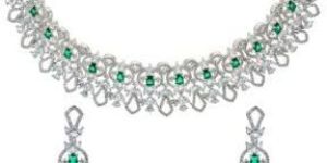 White Rhodium Plated Emerald Green Choker Necklace Set