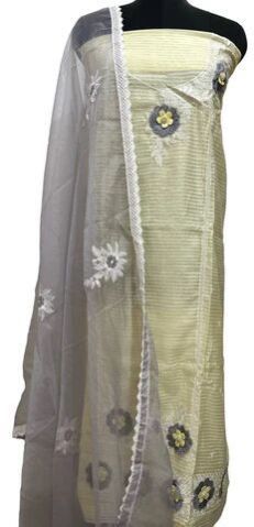 Yellow & Grey Chanderi Silk Suit with Embroidered Organza Dupatta