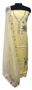 Yellow Glace Cotton Embroidered Kurta Set with Chiffon Dupatta