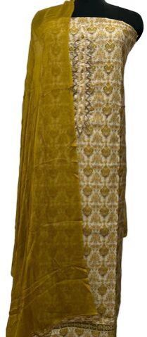 Yellow shade Silk Printed Suit with Embellished Neck & Hem and Mal Dupatta