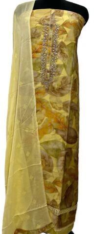 Yellow Silk Printed Suit with Embellished Neck & Hem and Mal Dupatta