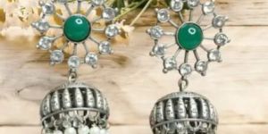 Silver Replica Green Stone Jhumka Earrings for Women and Girls
