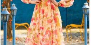 MAGNETISM Organza Full Flared Floor Length Printed Gown for Women