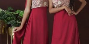 Woman Crepe Gown with Crop Top and Dupatta Set