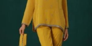 Woman Yellow Kurti Trouser Set