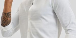 WHITE SELF-DESIGN MANDARIN Mens SHIRT