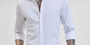 WHITE SELF-DESIGN Mens Slim Fit Shirts