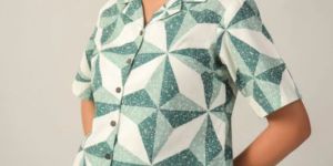 Women GREEN AND WHITE GEOMETRIC PRINT SHIRT