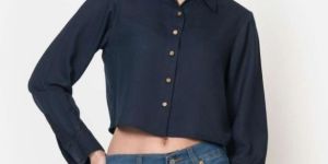 Women NAVY BLUE FULL SLEEVES CROP SHIRT