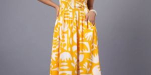 YELLOW AND WHITE TROPICAL PRINTED MIDI DRESS