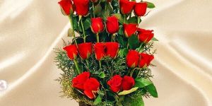 Stylish Black Cylinder Vase Tiered Red Rose Ensemble Floral Arrangement